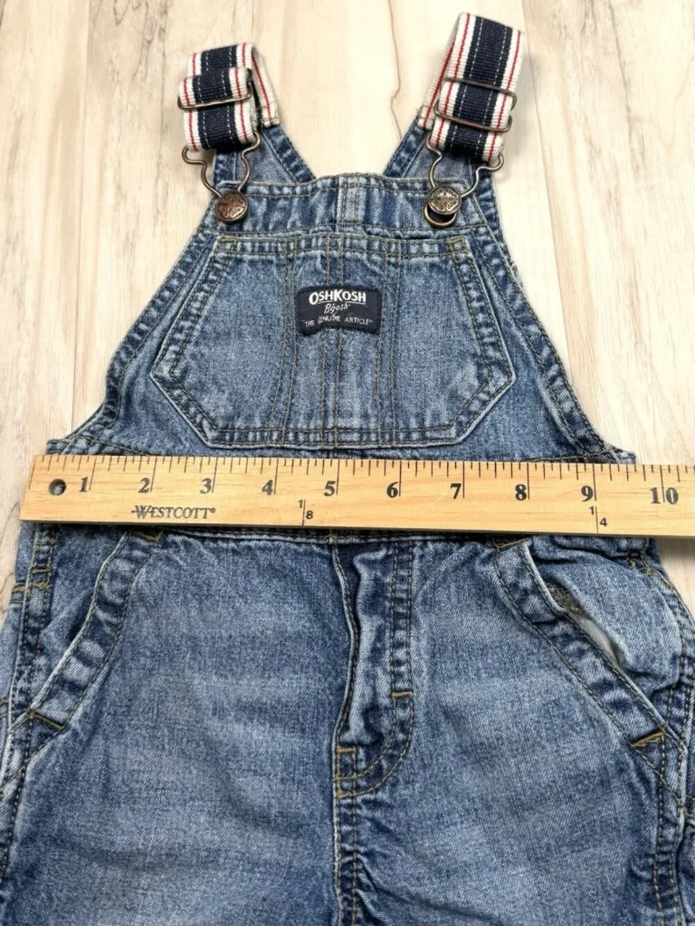 OSHKOSH B'GOSH Kids 9-12M Denim OVERALLS Striped Canvas Straps Conductor EUC